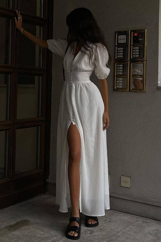 CWDMD3468_V-NECK BUTTON PUFF SLEEVE SLIM-FIT SLIT MAXI DRESS