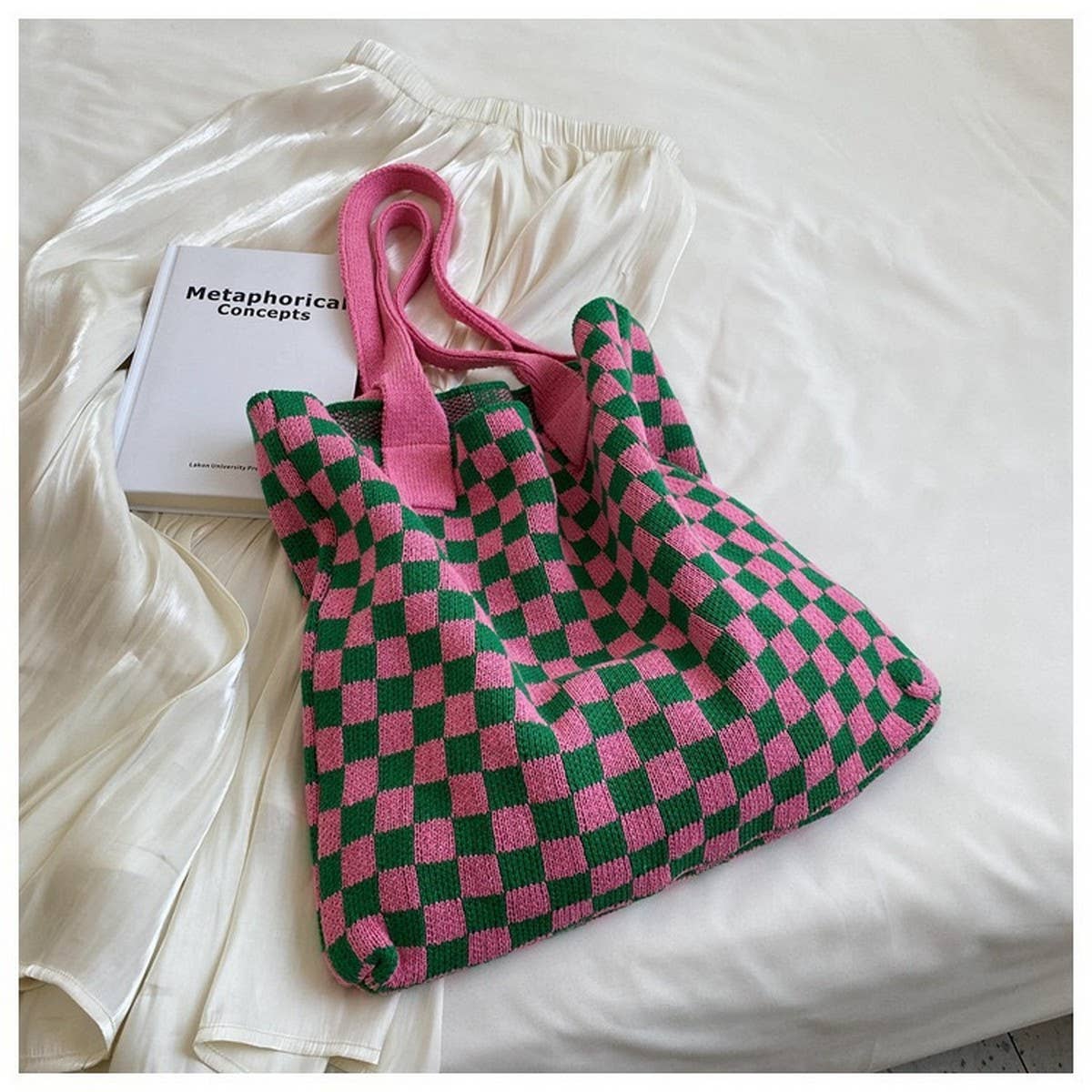 CWAB1950_PLAID PATTERN KNITTED TOTE BAG