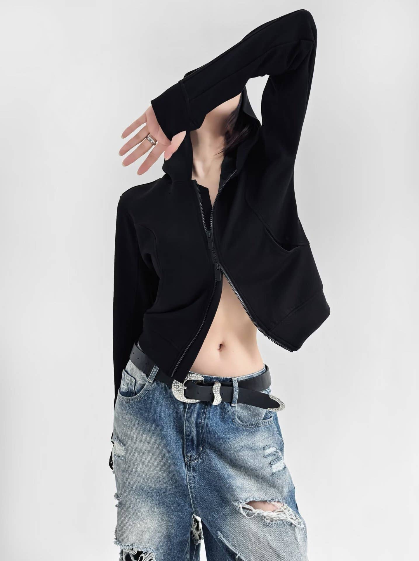 Hooded long-sleeved fitted hoodie jacket