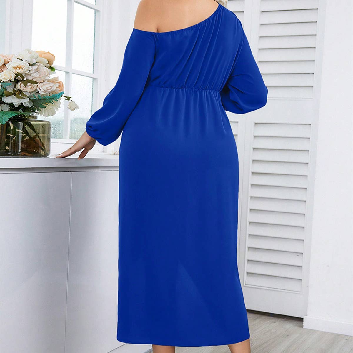 Elegant Asymmetrical Neck Long Sleeve Midi Dress