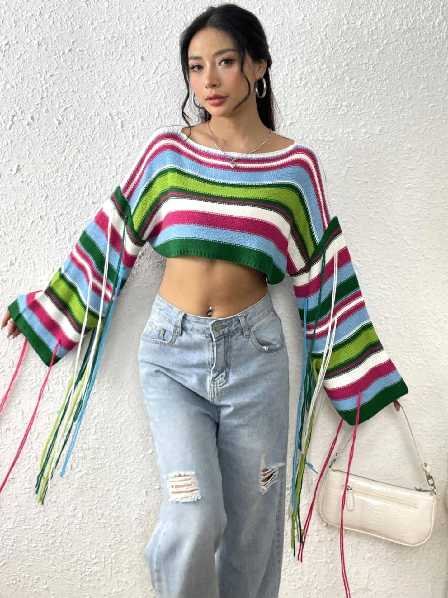 Striped Expose waist knit sweater with fringes
