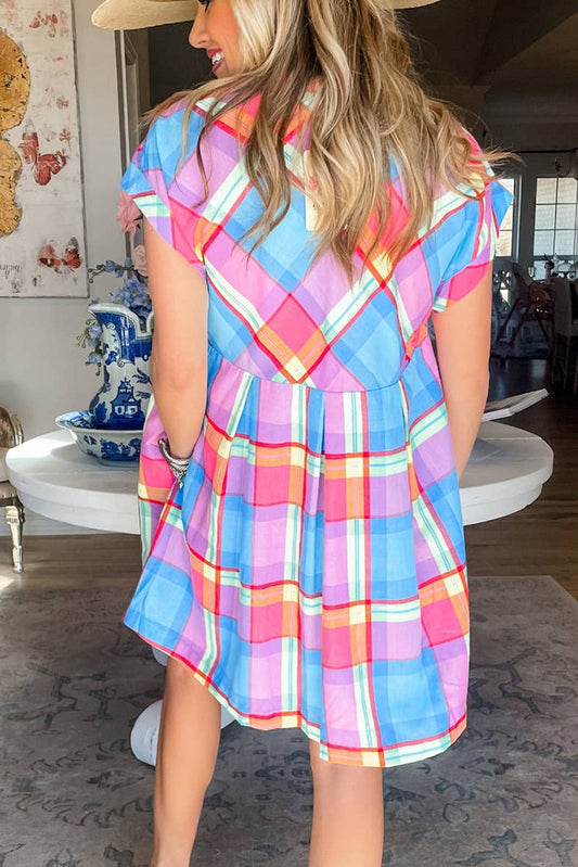 LOOSE COLORED PLAID SHORT-SLEEVED DRESS