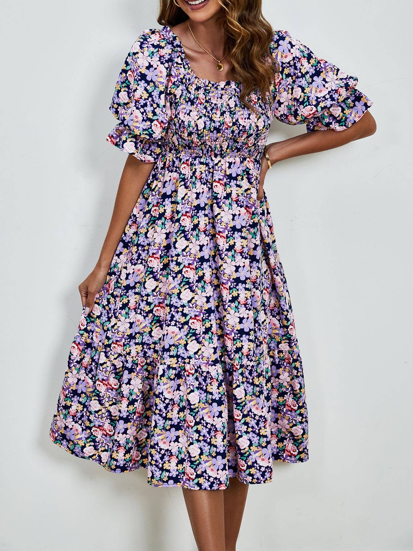 Print pleated square collar puffed sleeves dress