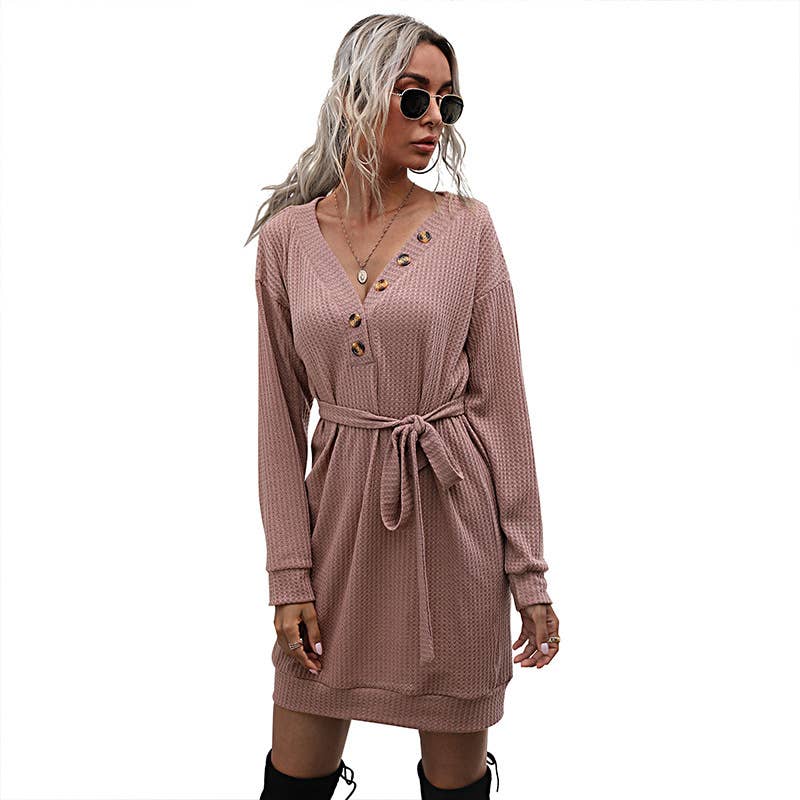 V-neck mid-length long-sleeved knit dress