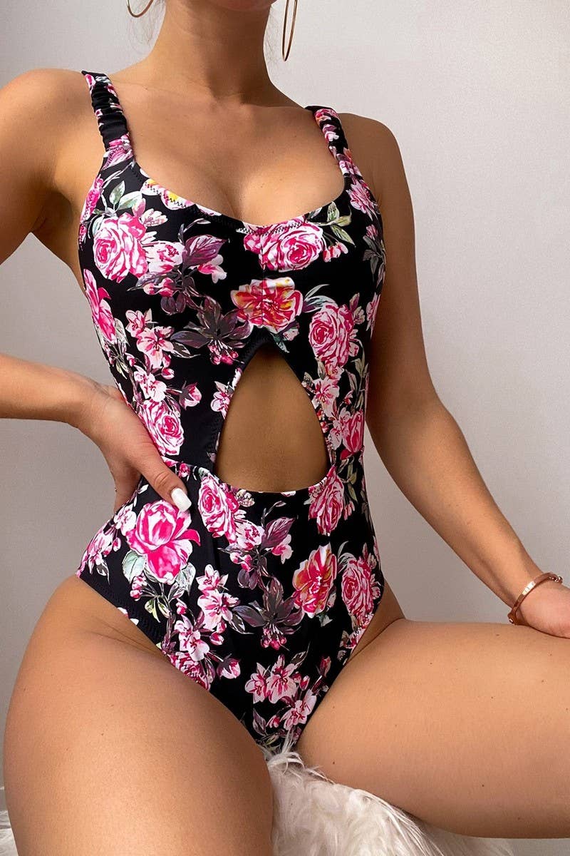 CWMW0854_HOLLOW FLORAL SLING ONE-PIECE SWIMSUIT