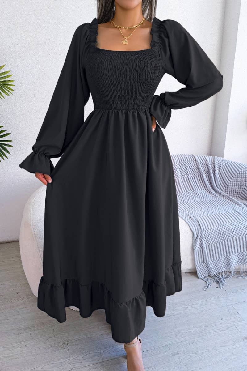 CWDMD2663_RUFFLED DRESS WITH SQUARE COLLAR FLARED SLEEVES