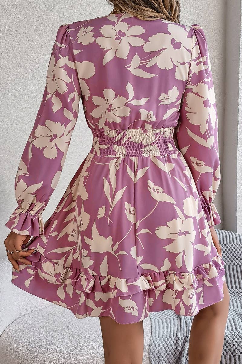 CWDSD6425_DEEP V FLORAL LACE-UP LONG-SLEEVED DRESS SHORT