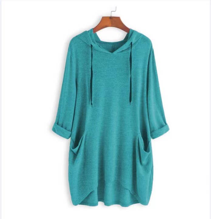 HOODED SOLID COLOR BAGGY IRREGULAR POCKET TOP