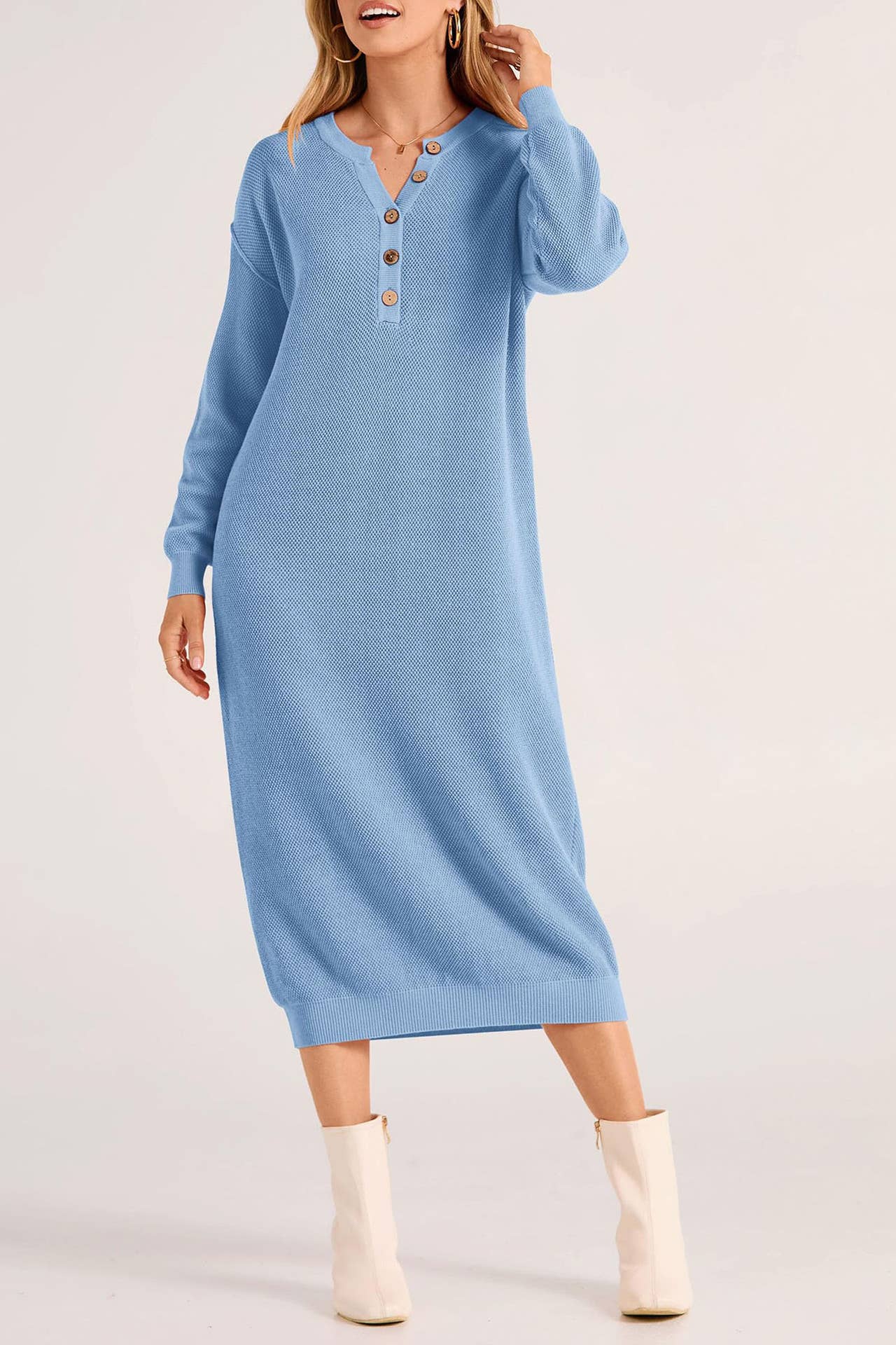 LONG-SLEEVED BUTTON-DOWN V-NECK SWEATER DRESS