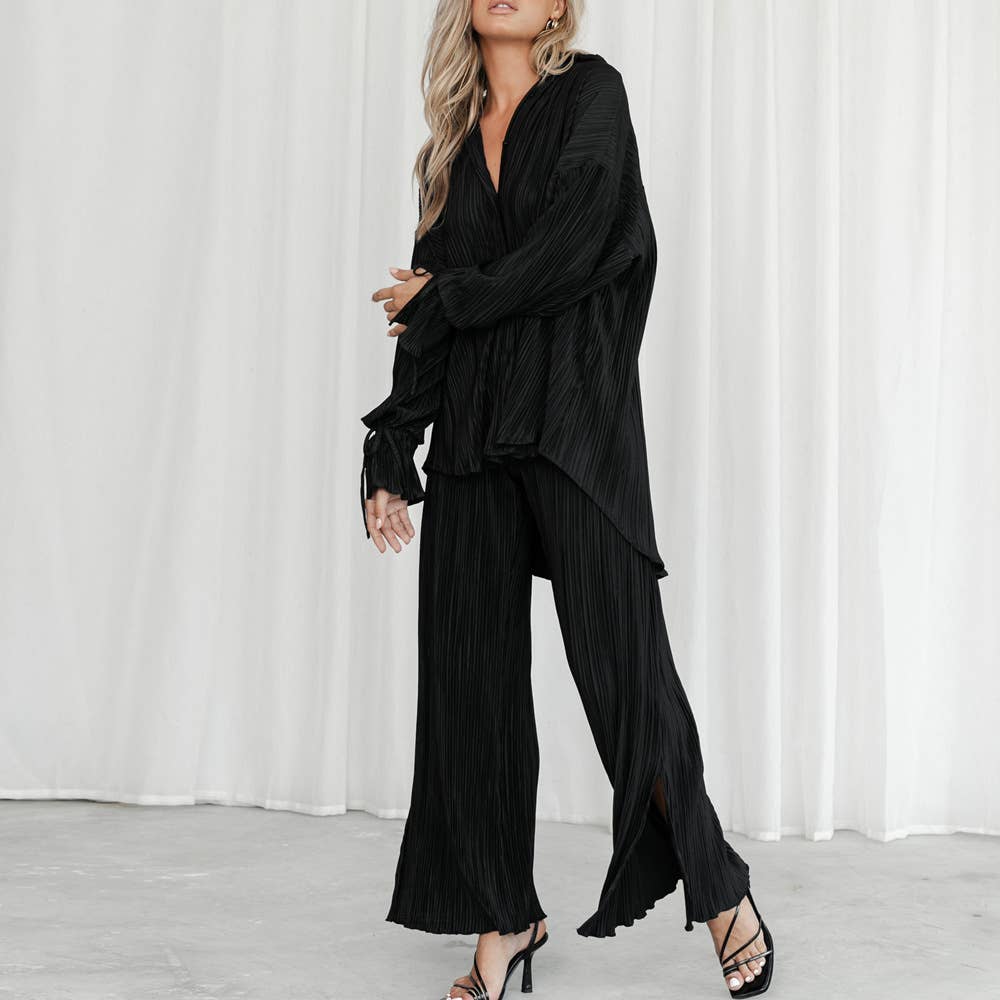 Fashion Pleated Shirt with Split Long Sleeve Set