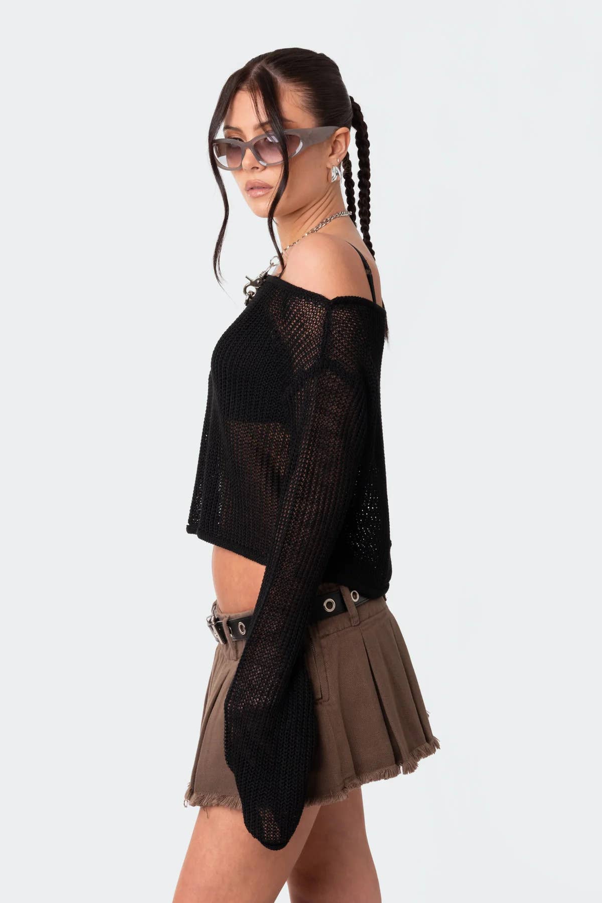 See-through flared sleeve pullover knitted smock