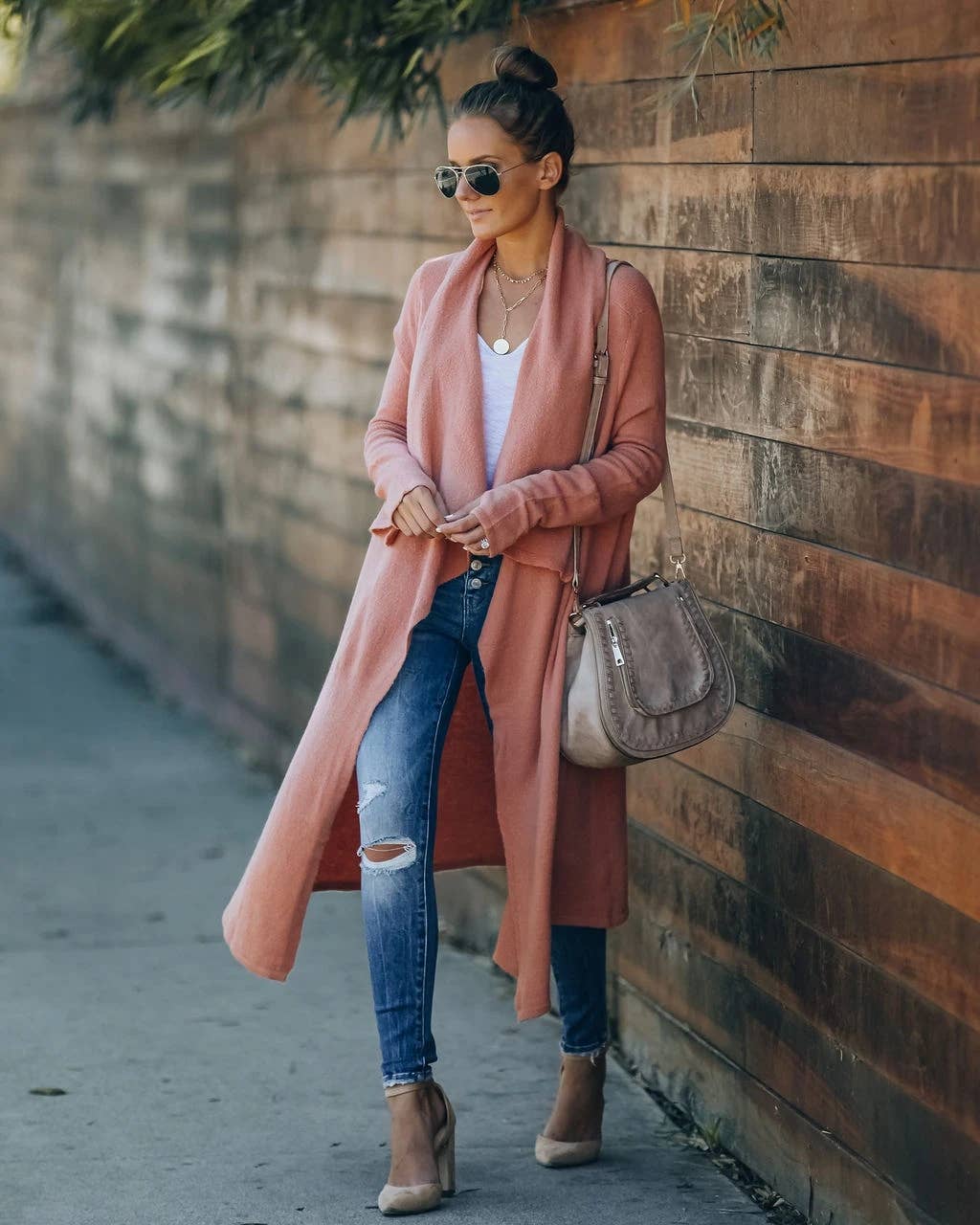 Large lapel unbuttoned solid color long cardigan coat