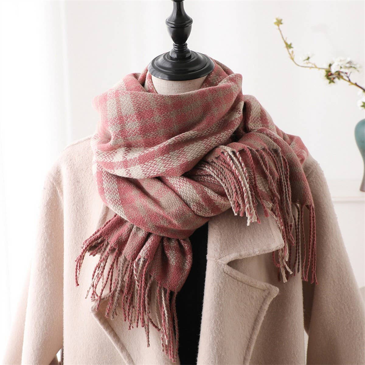 Plaid Cashmere-Like Scarf with Fringe for Winter_CWASC1443