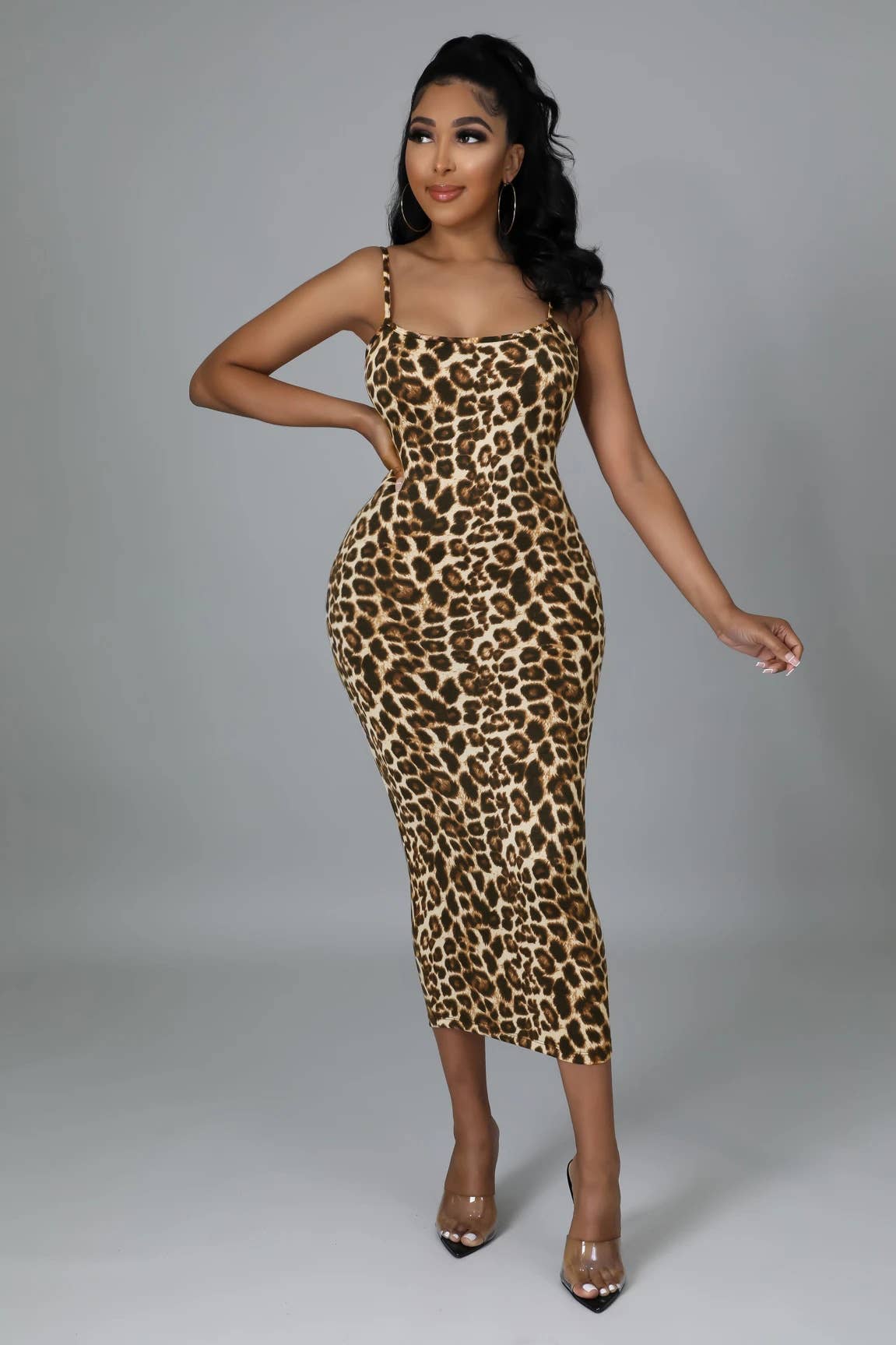 PRINT LEOPARD PRINT CASUAL PUFFY SLEEVE DRESS