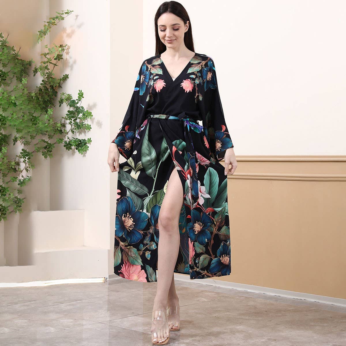 Peacock Floral Print Beach Cover-Up for Bikini_CWMM6304