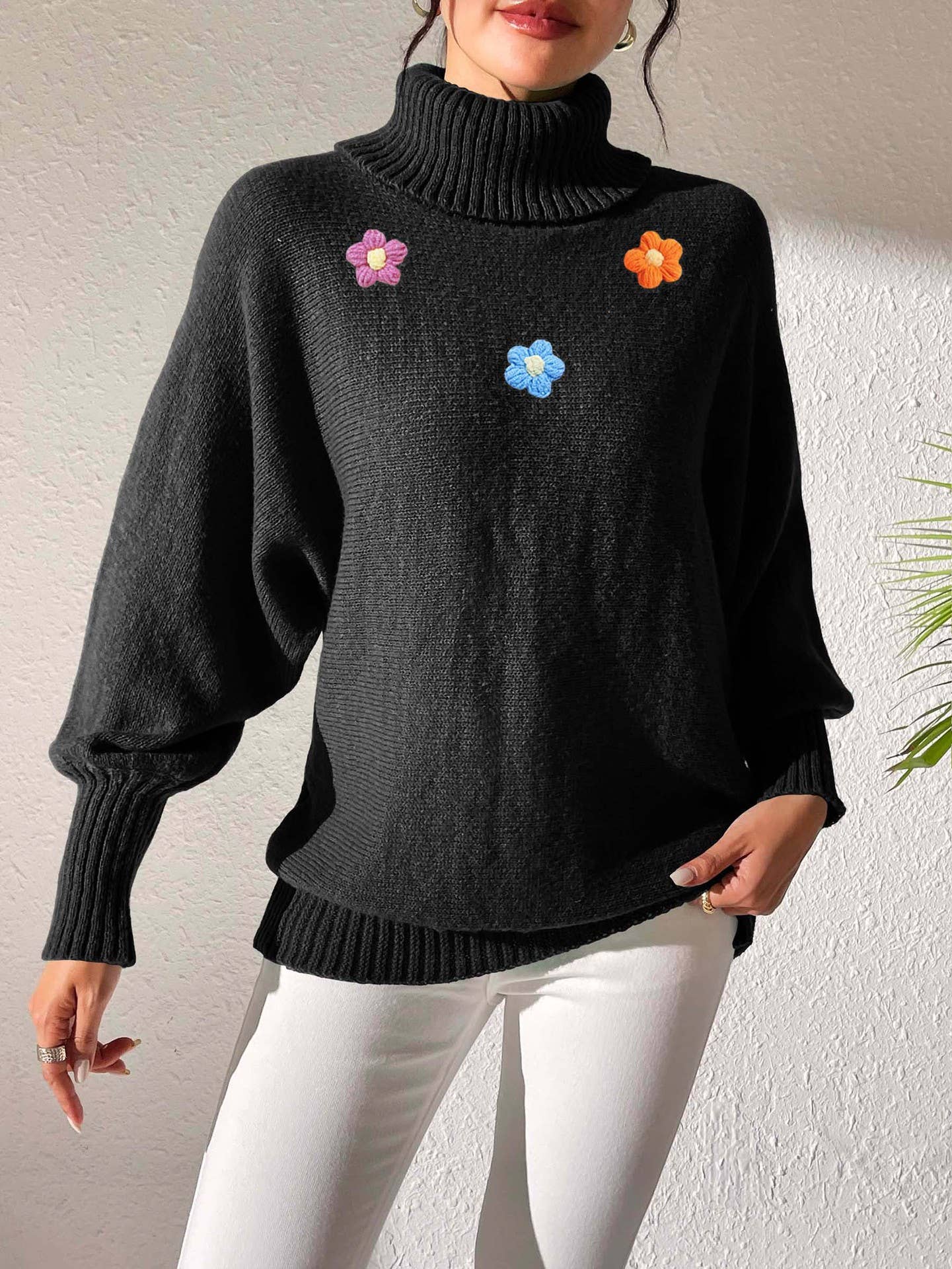 Simple hand-crocheted turtleneck sweater in a solid color