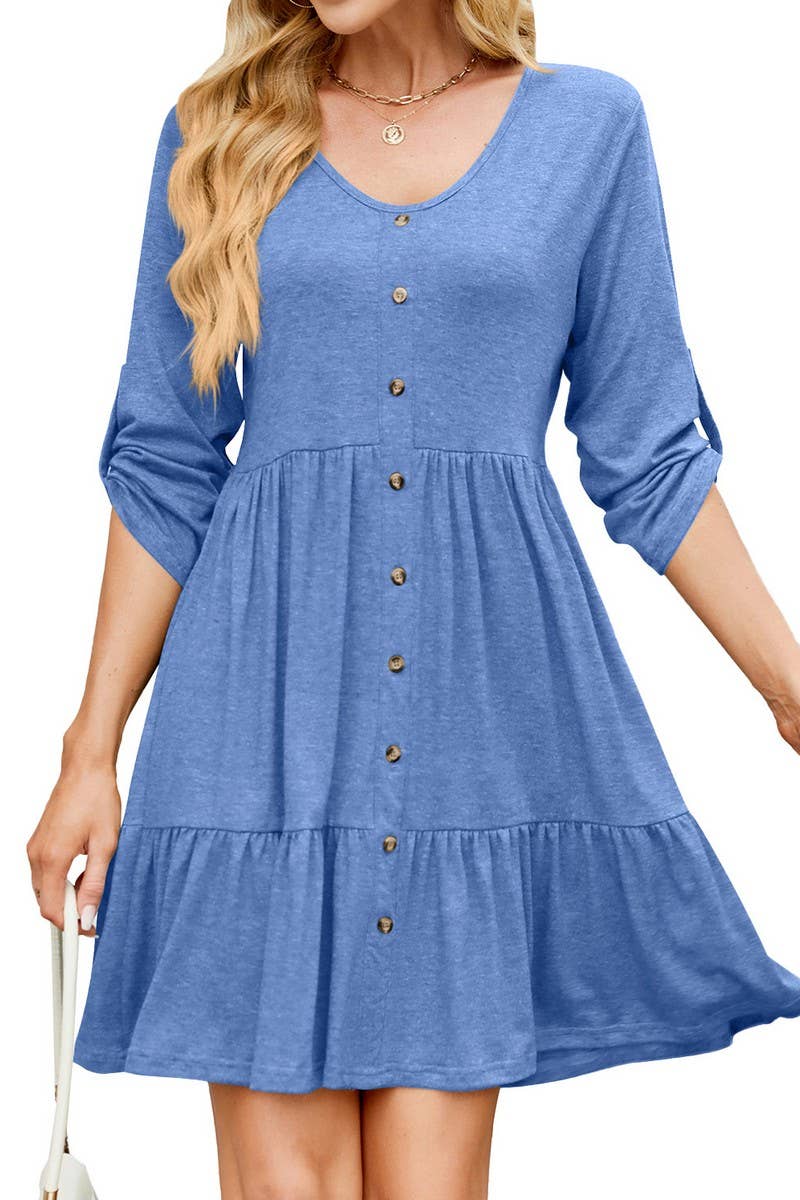 CWDSD8716_V-NECK LONG SLEEVE BUTTON FRONT LOOSE SOLID DRESS