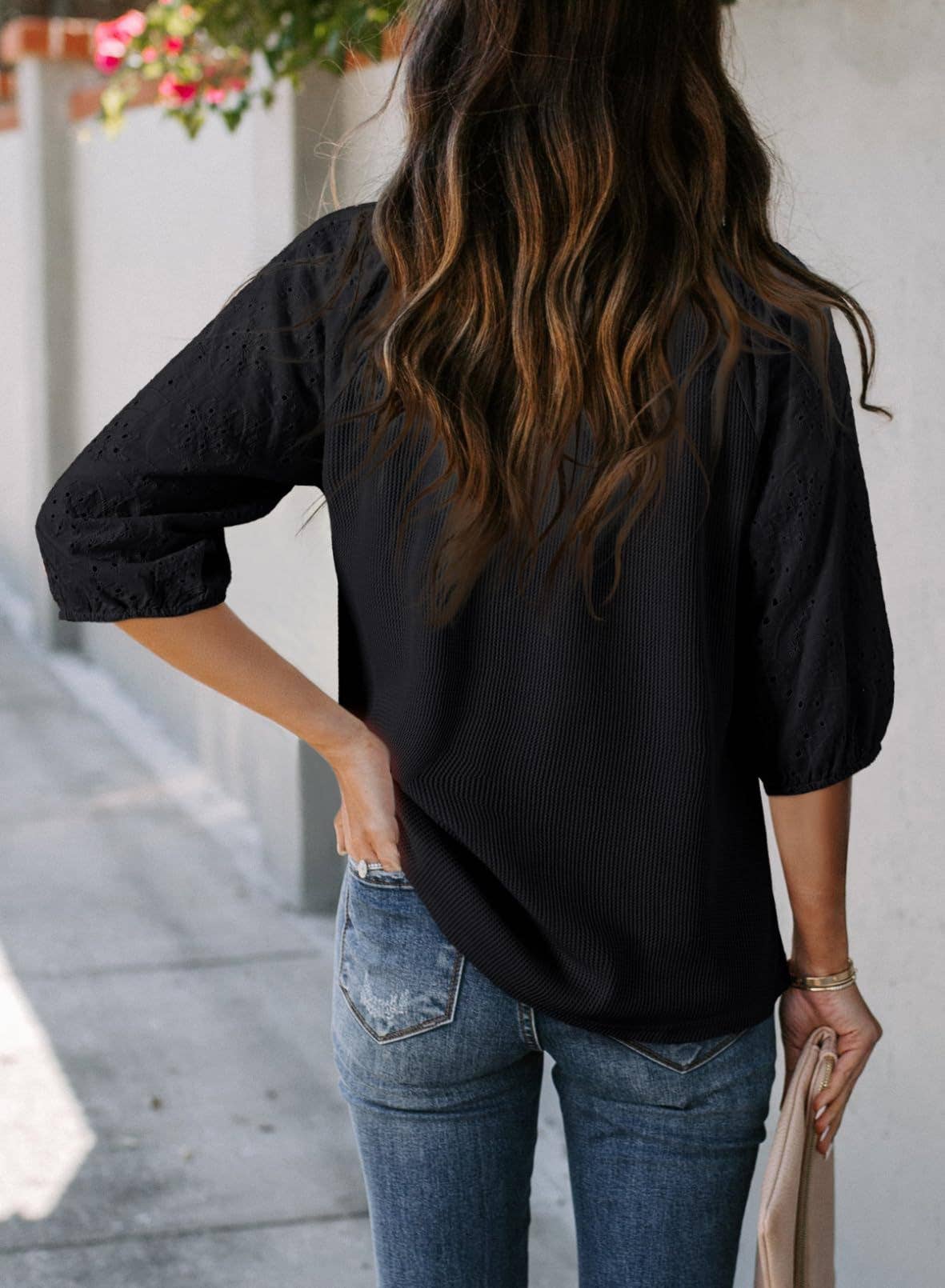 Women¡¯s jacquard waffle V-neck puff sleeve top