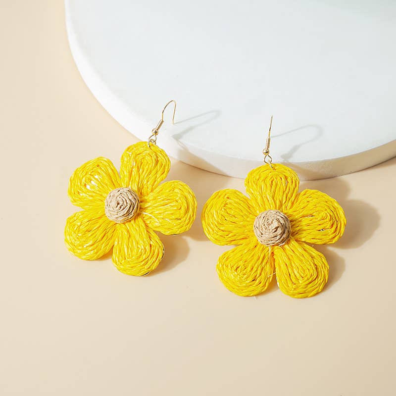 Woven raffia grass exaggerated flower earrings