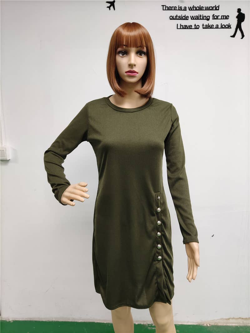 TEMPERAMENT SLIT SOLID COLOR BUTTON KNIT DRESS