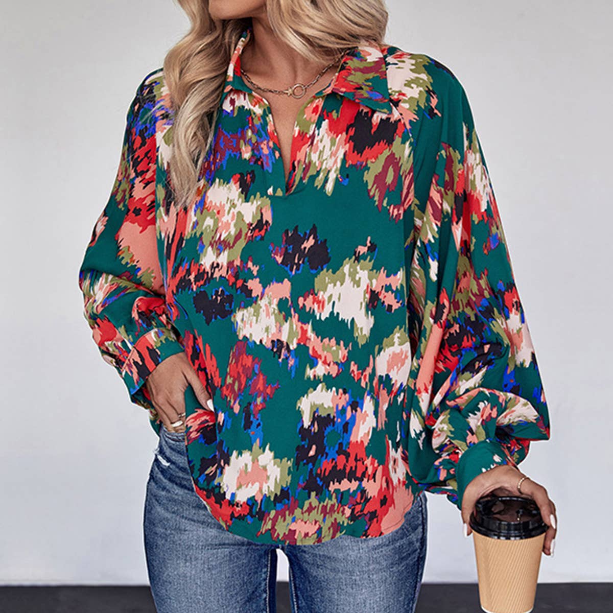 LAPEL LONG SLEEVE TOP BUTTON PRINT SHIRT