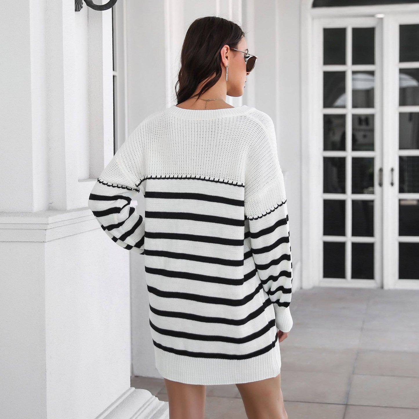 STRIPED V-NECK LONG-SLEEVED SWEATER DRESS