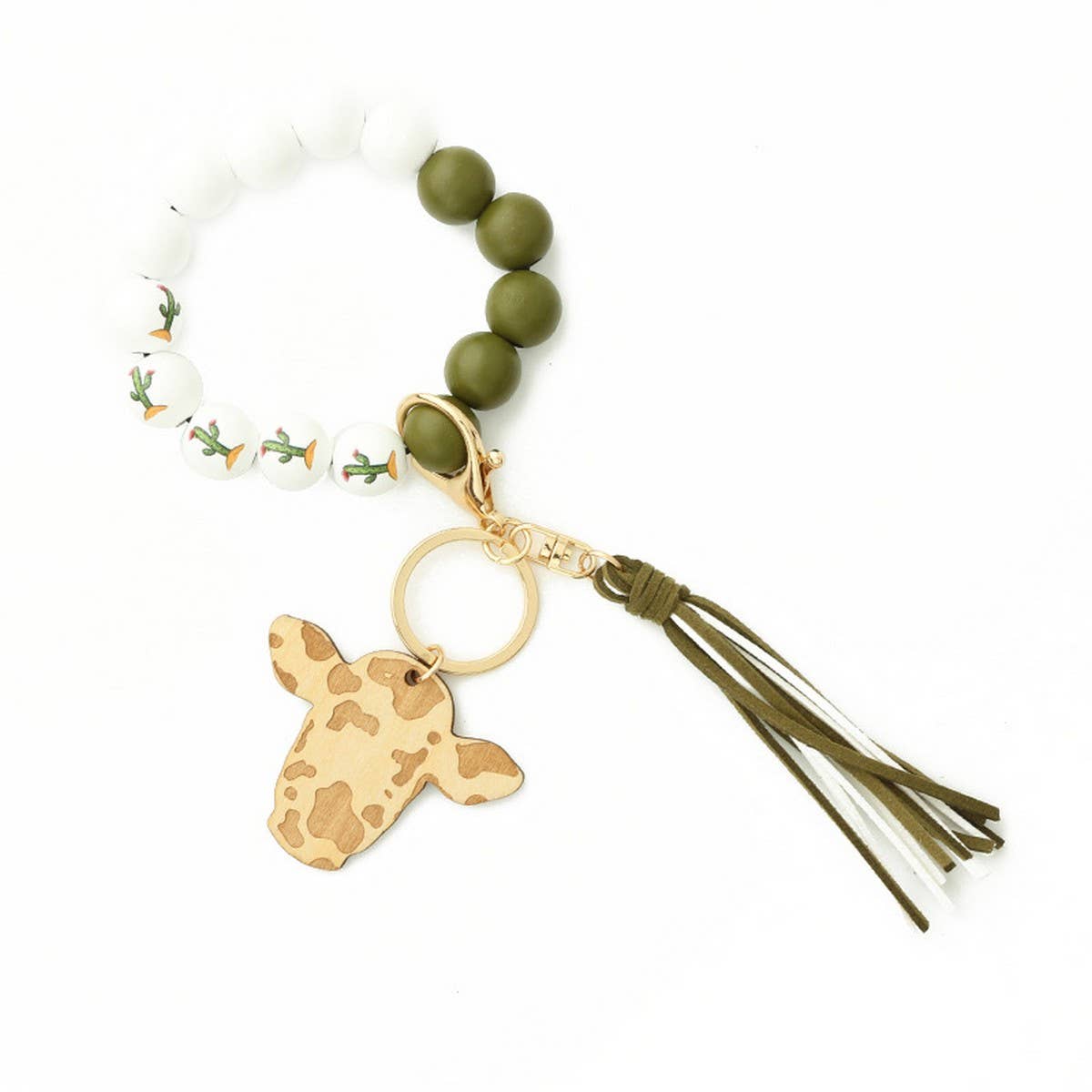 Cow Head Keychain with Tassel and Wood Beads_CWAB5093