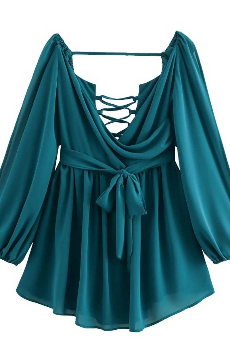 CWDSD6602_SOLID COLOR OFF-SHOULDER SLEEVES V-NECK DRESS