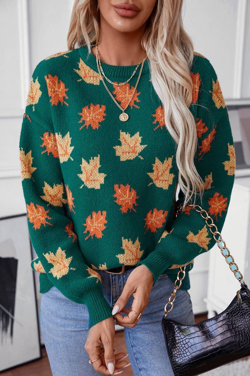 CWOSWL07063_MAPLE LEAF JACQUARD CASUAL PULLOVER SWEATER