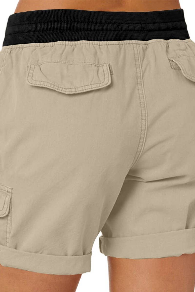 CWBSP0562_RETRO SOLID DRAWSTRING RIBBED UTILITY SHORTS