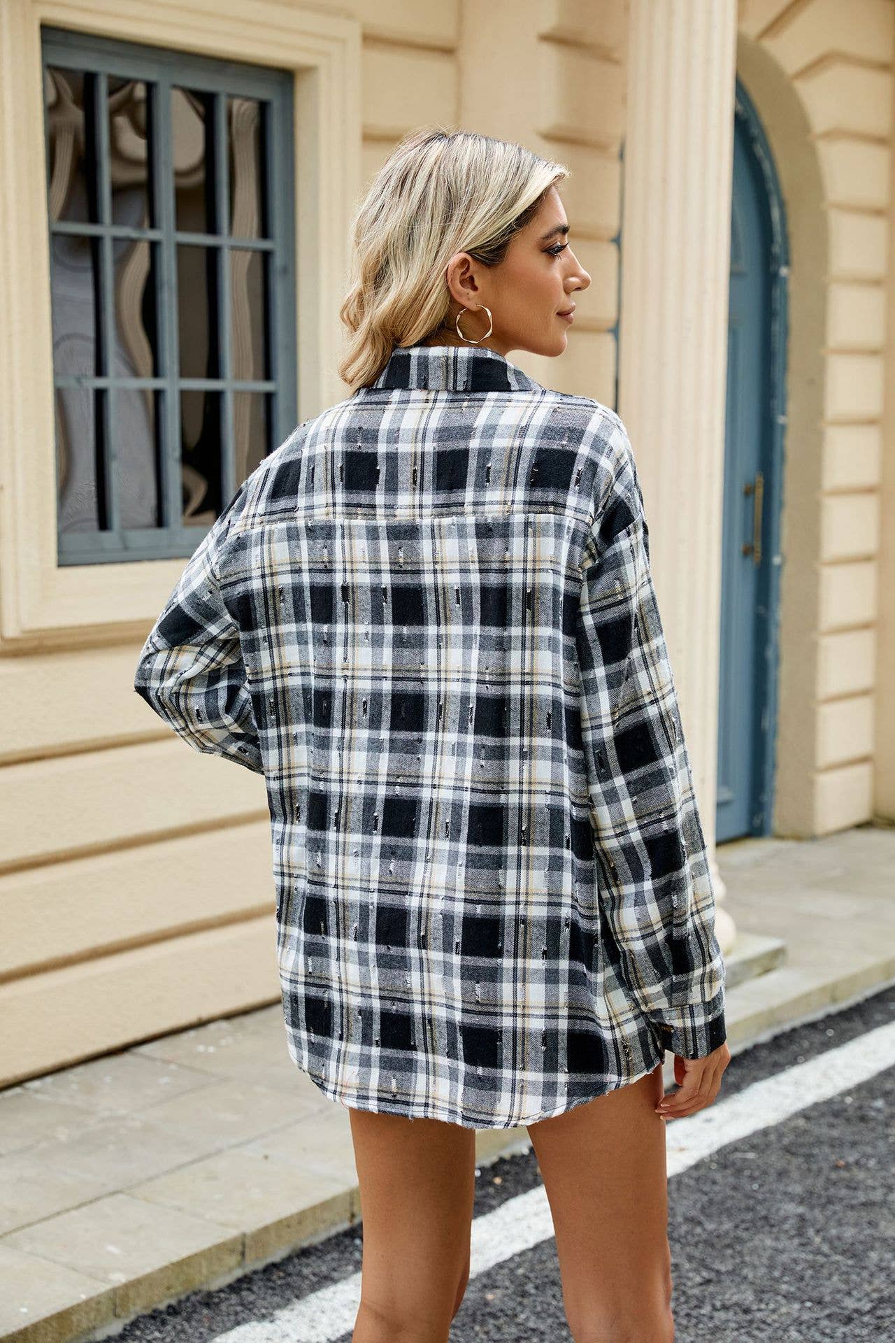 VINTAGE CROCHETED LONG-SLEEVED LAPEL PLAID SHIRT