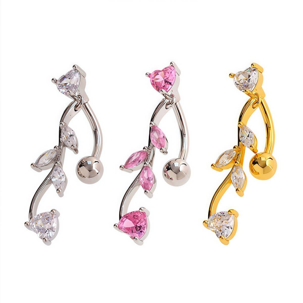 Leaf Heart Tassel Navel Ring Stainless Steel Bar_CWMM9385