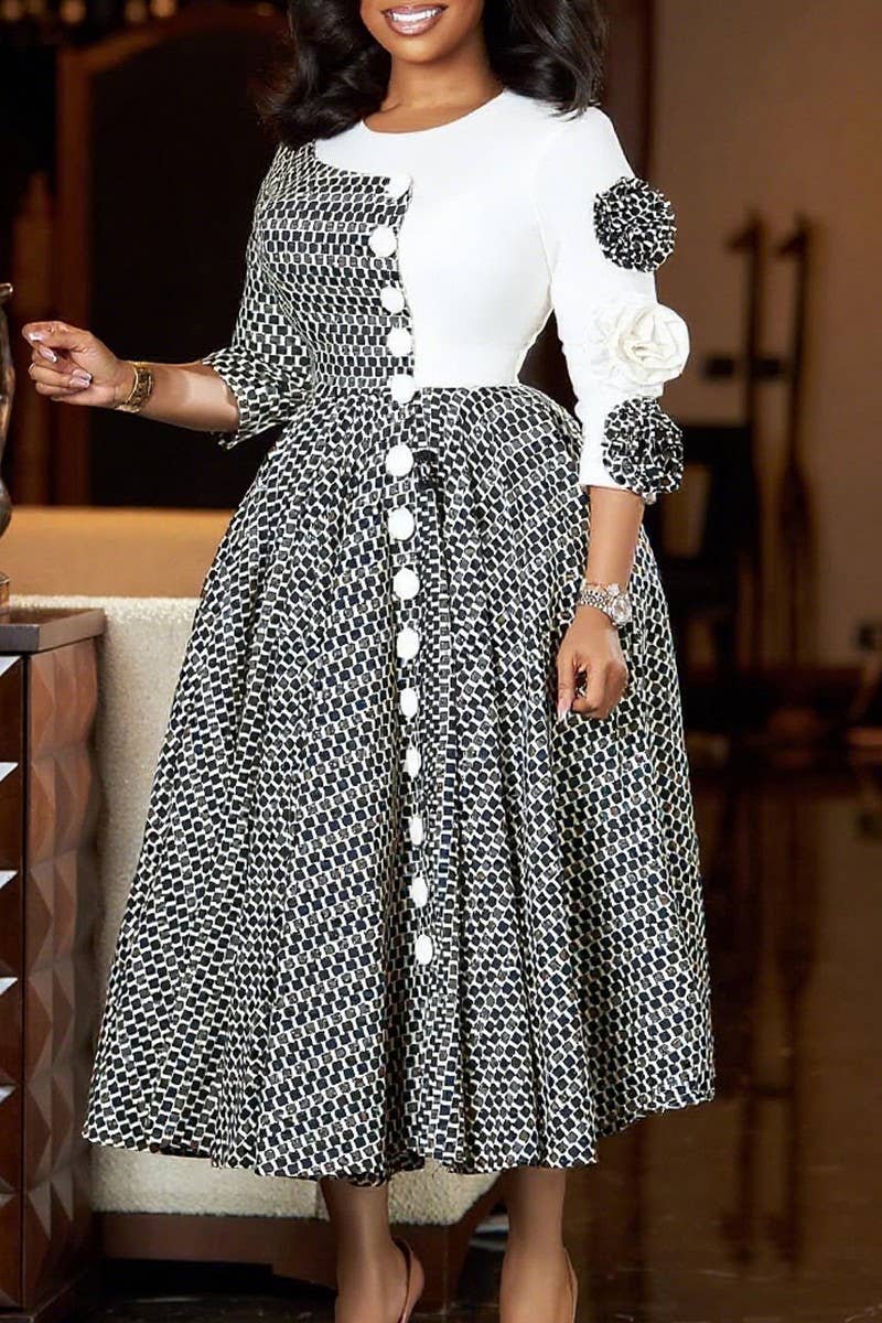 CWDMD01250_2025 WOMEN FLORAL PRINT ROUND NECK MIDI DRESS