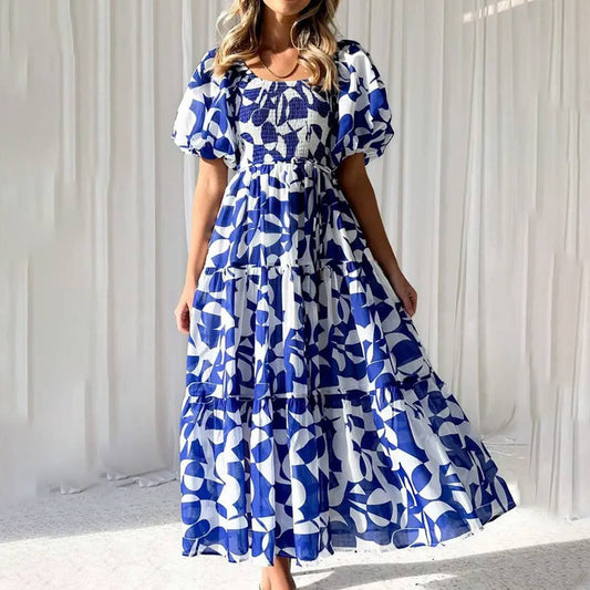 One line shoulder puffed up sleeve waist big swing longdress