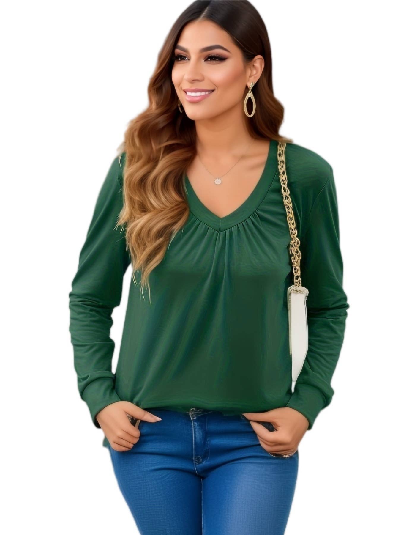 SOLID COLOR PLEATED V-NECK LOOSE T-SHIRT