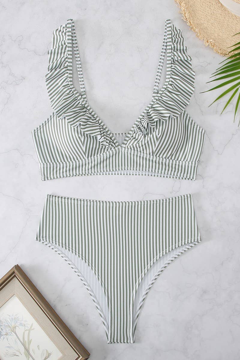 CWMW0898_STRIPED HIGH WAIST V-NECK RUFFLED BIKINI SWIMSUIT