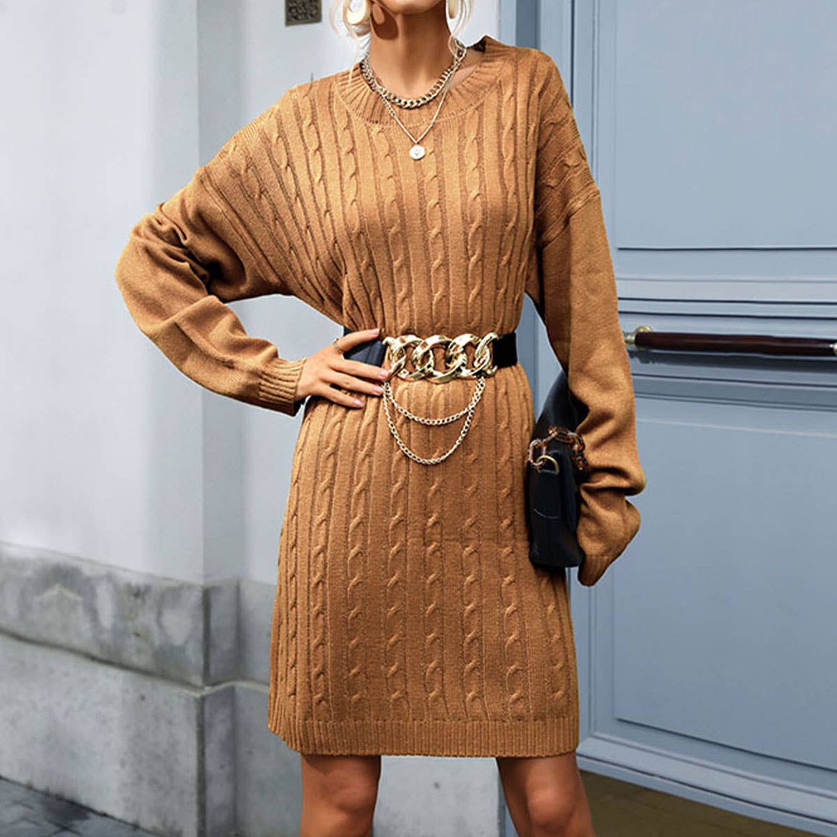 SOLID COLOR CASUAL TWISTED LONG SWEATER DRESS