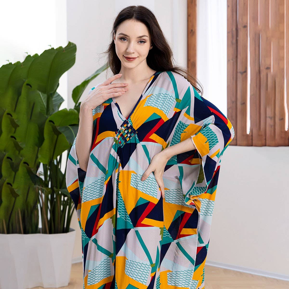 Cotton Print Geometric Beach Cover-Up Dress