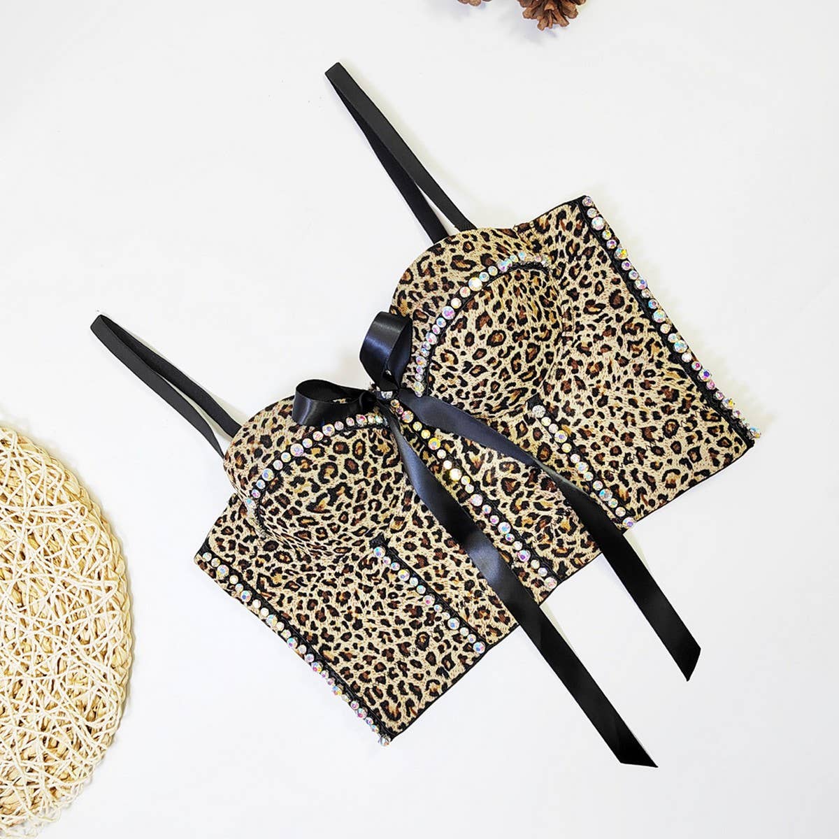 LEOPARD PRINT BOW HERRINGBONE BRA WITH RHINESTONES