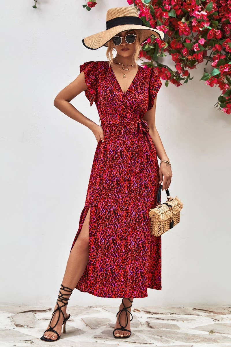 WOMEN V NECK SPLIT PRINT DRESS_CWDSD2622