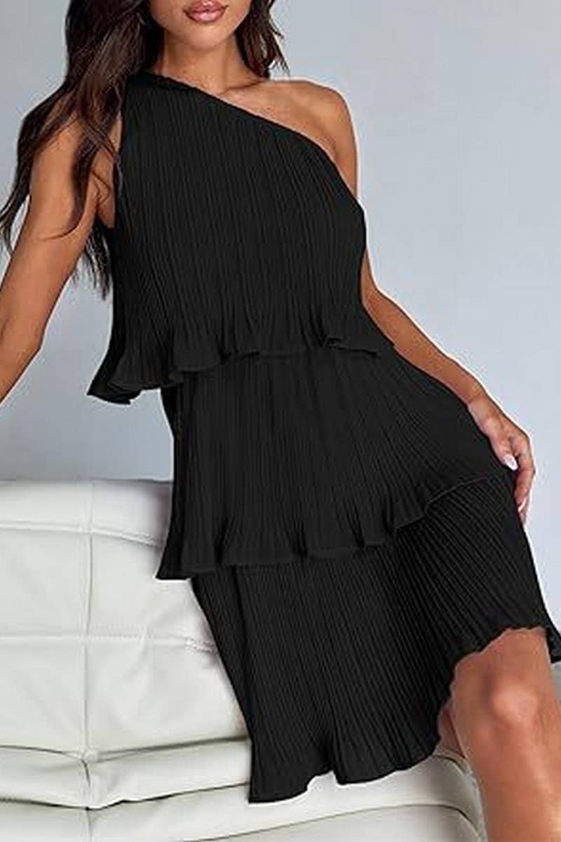 CWDSD8779_OFF-SHOULDER LAYERED HEM PLEATED SLEEVELESS DRESS