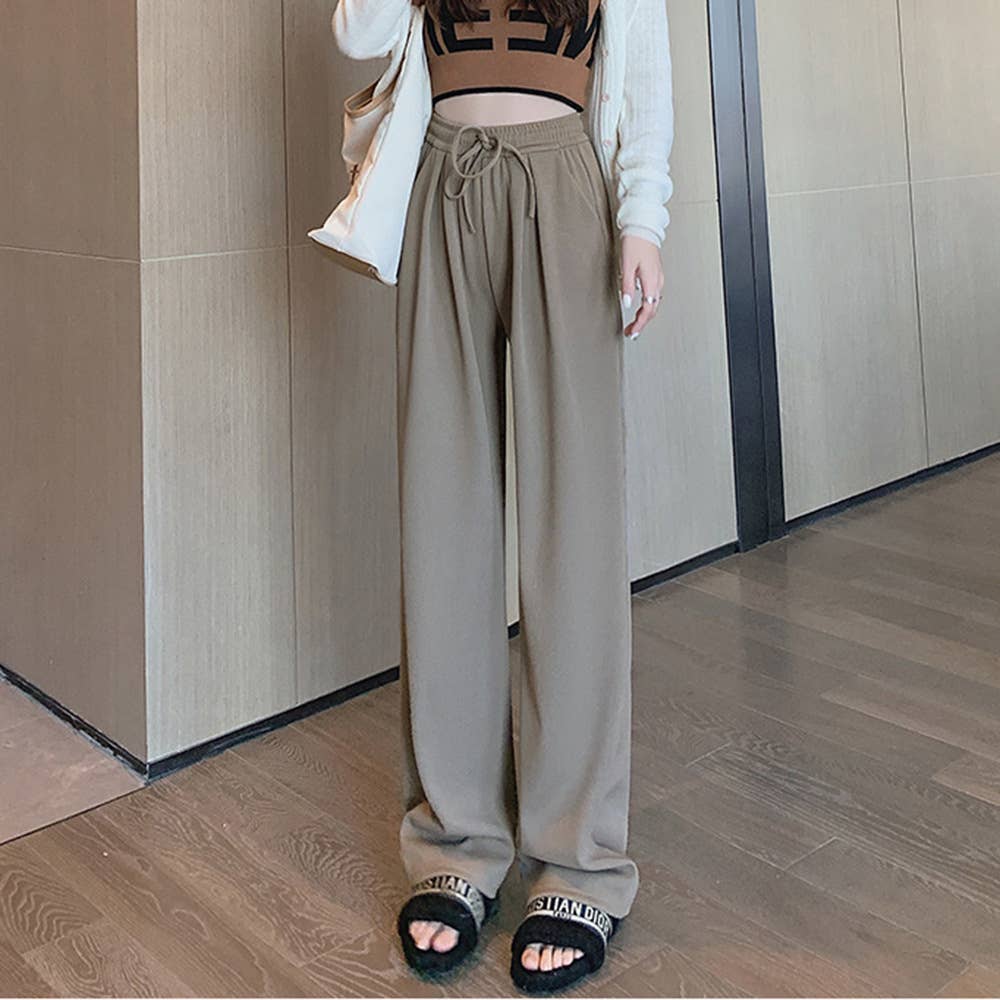 HIGH WAIST DROP KNIT DRAWSTRING WIDE-LEG PANTS