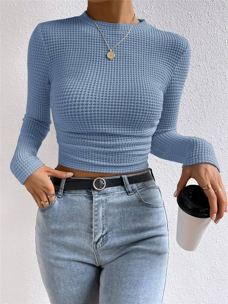 Versatile checked round-neck pleated T-shirt