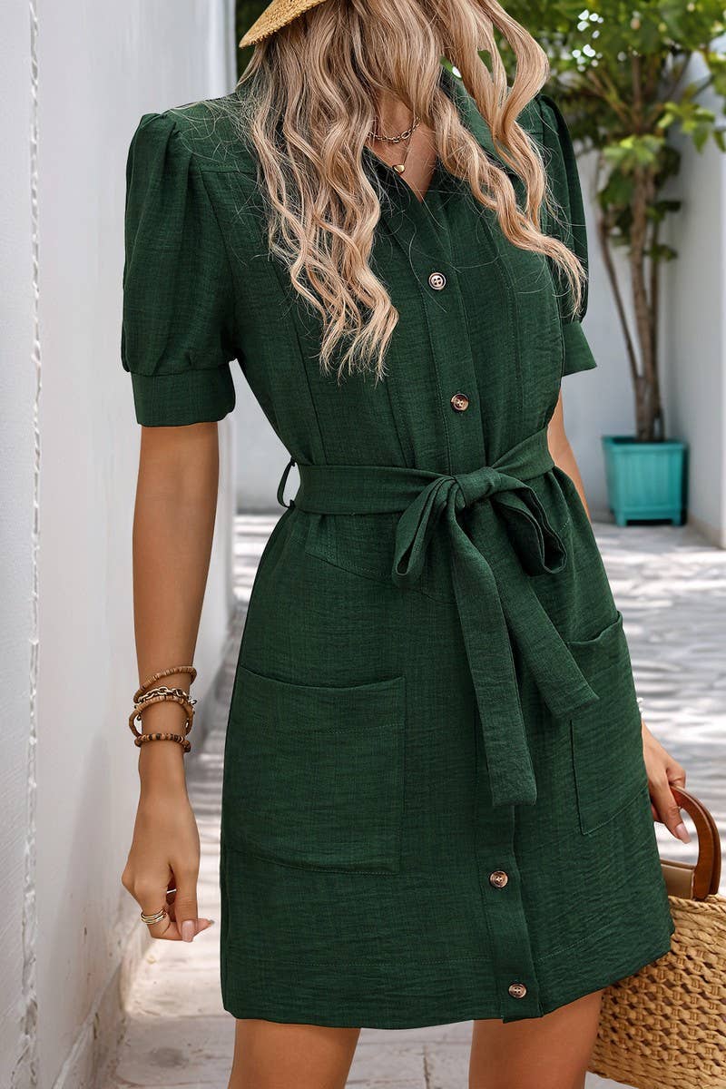 CWDSD6689_SOLID COLOR LAPEL SHORT-SLEEVED SHIRT DRESS