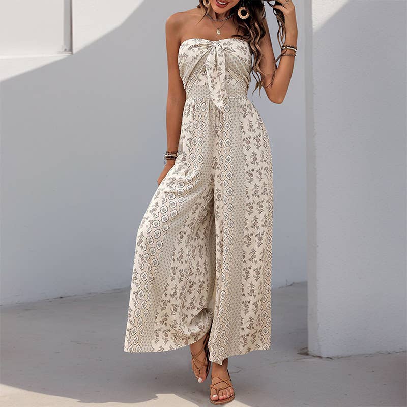 Ethnic print casual chaste wide leg jumpsuit
