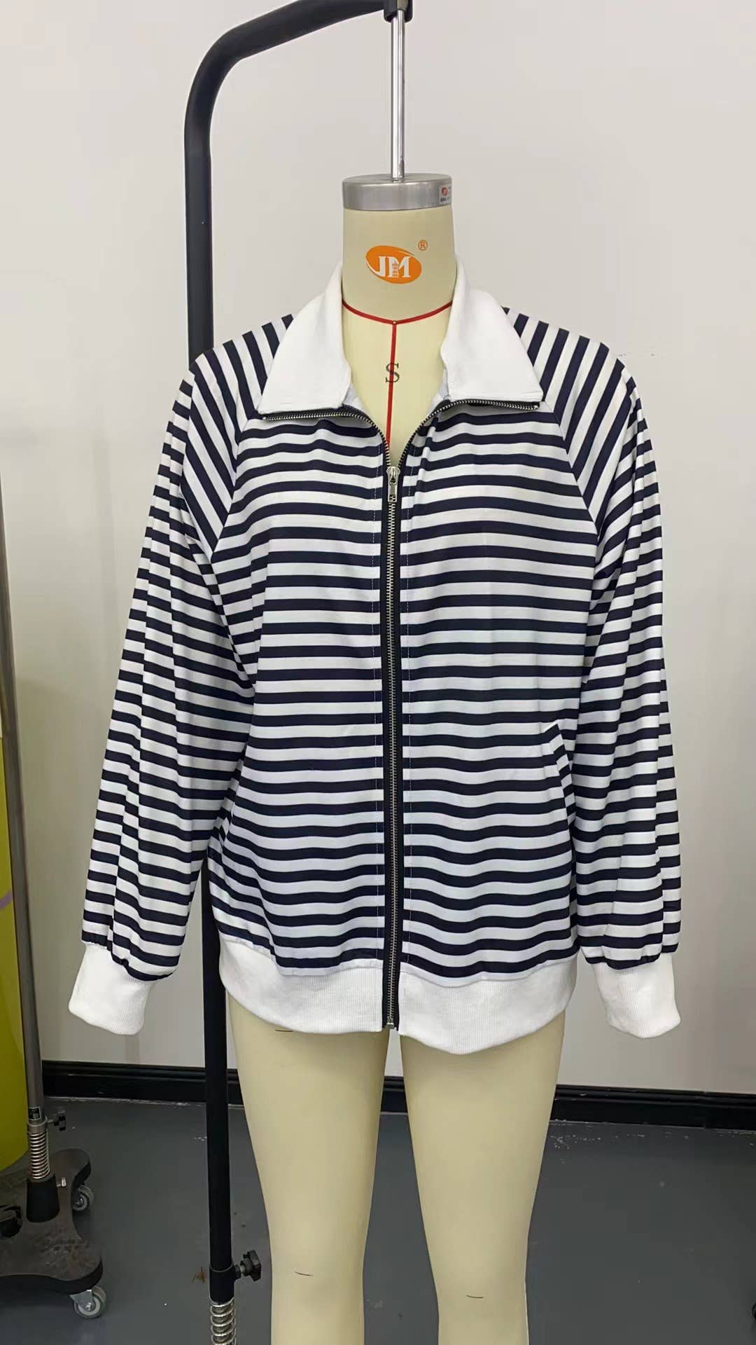 Striped lapel color-blocking zipper cardigan