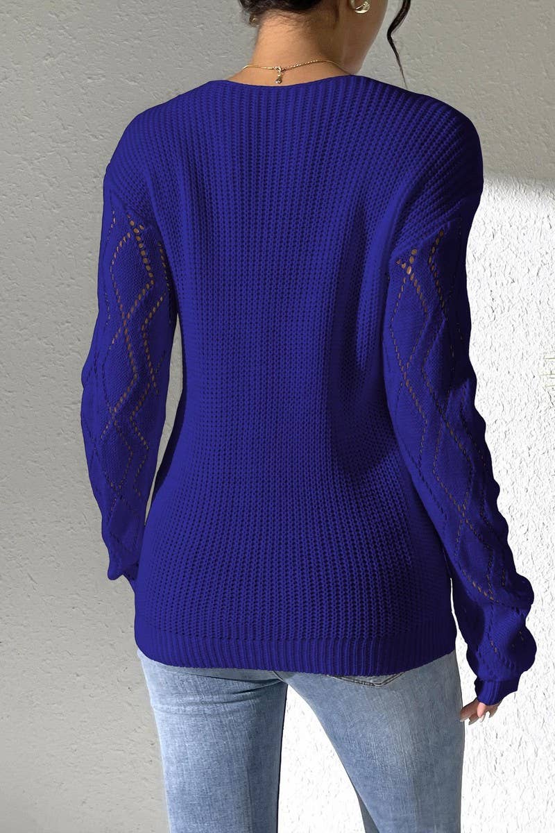 CWOSWL07326_WOMEN LACE V-NECK COLORBLOCK PULLOVER SWEATER