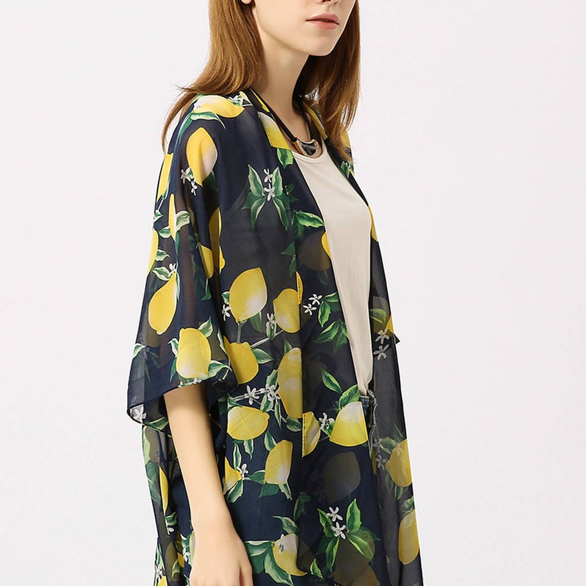 LEMON PRINT OPEN FRONT KIMONO CARDIGAN FOR SUMMER