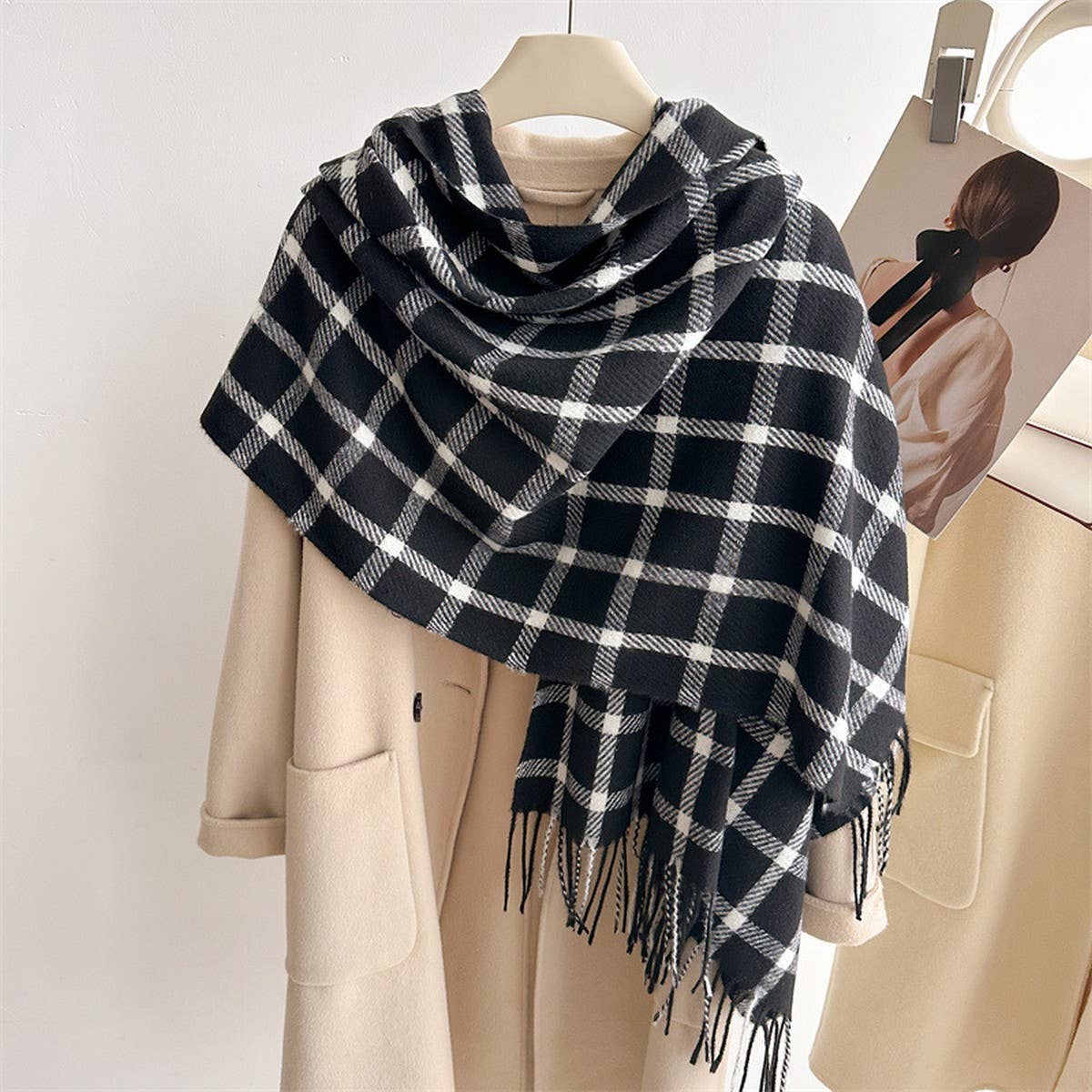 Warm Plaid Wrap Scarf with Soft Fringe Trim