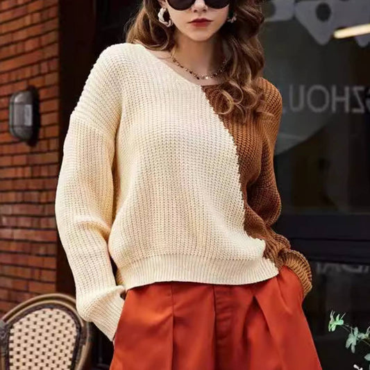 Patchwork V-Neck Sweater In Contrasting Colors